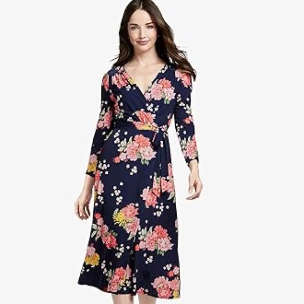 Johnston & Murphy navy floral faux wrap dress, NWT